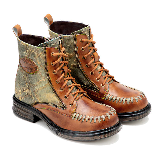 Vintage leather western cowboy & lace up mid-heel criss cross boots