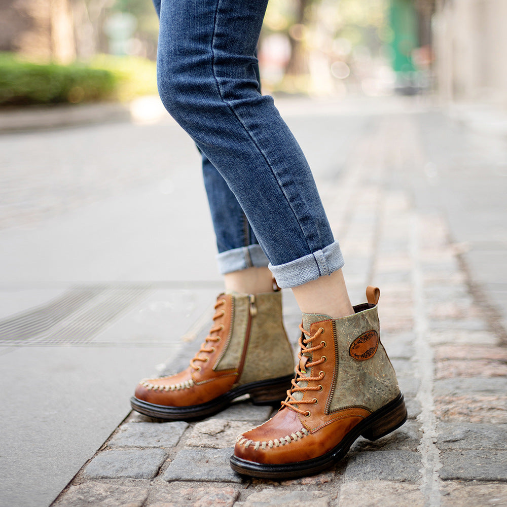 Vintage leather western cowboy & lace up mid-heel criss cross boots