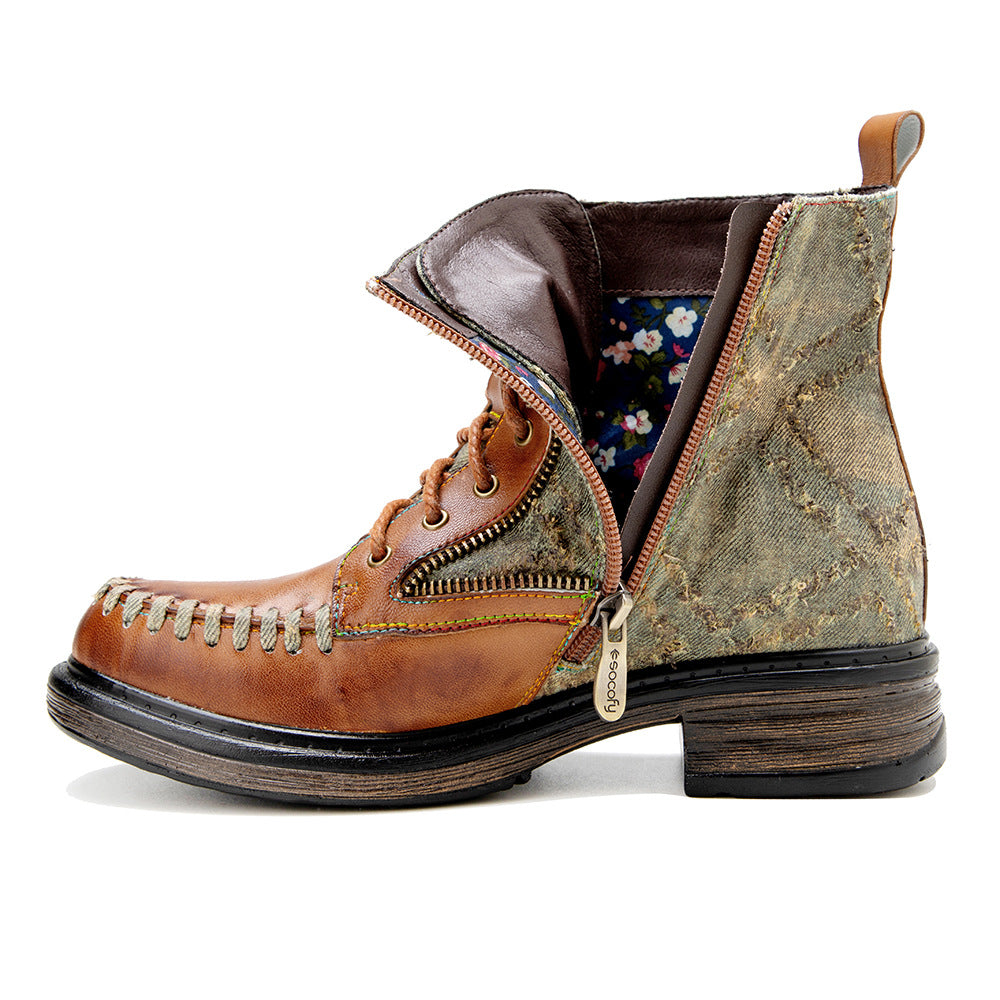 Vintage leather western cowboy & lace up mid-heel criss cross boots