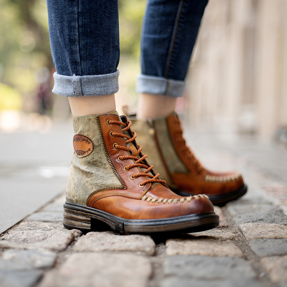 Vintage leather western cowboy & lace up mid-heel criss cross boots