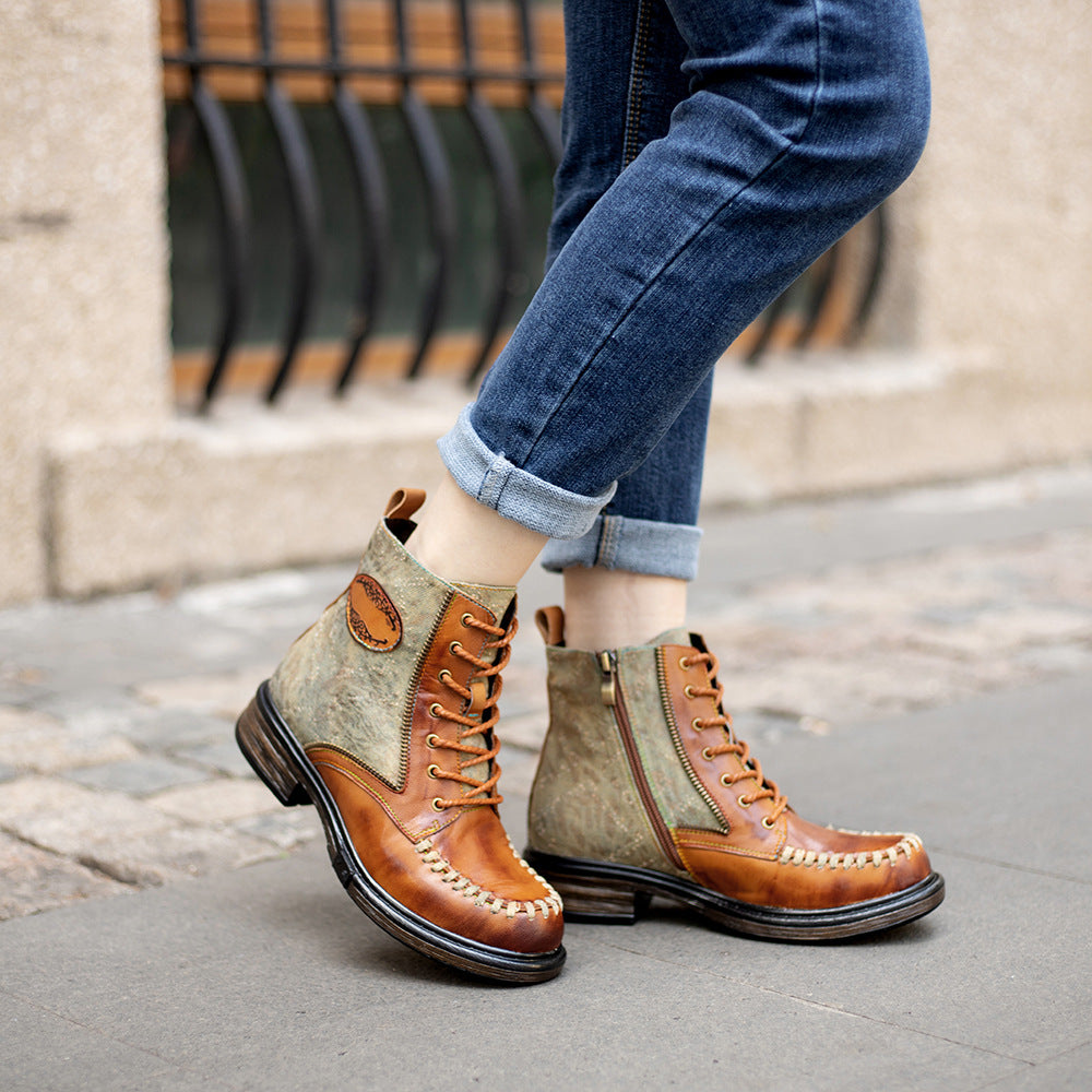 Vintage leather western cowboy & lace up mid-heel criss cross boots