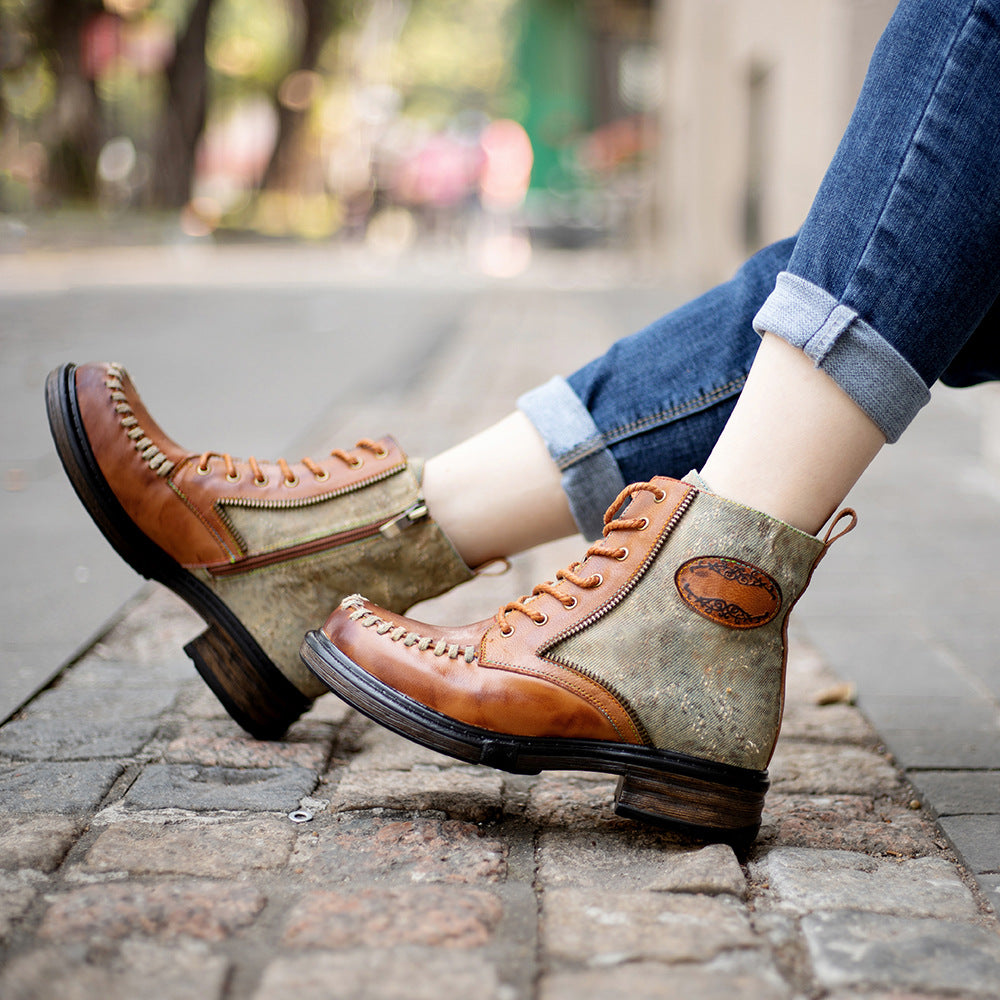 Vintage leather western cowboy & lace up mid-heel criss cross boots