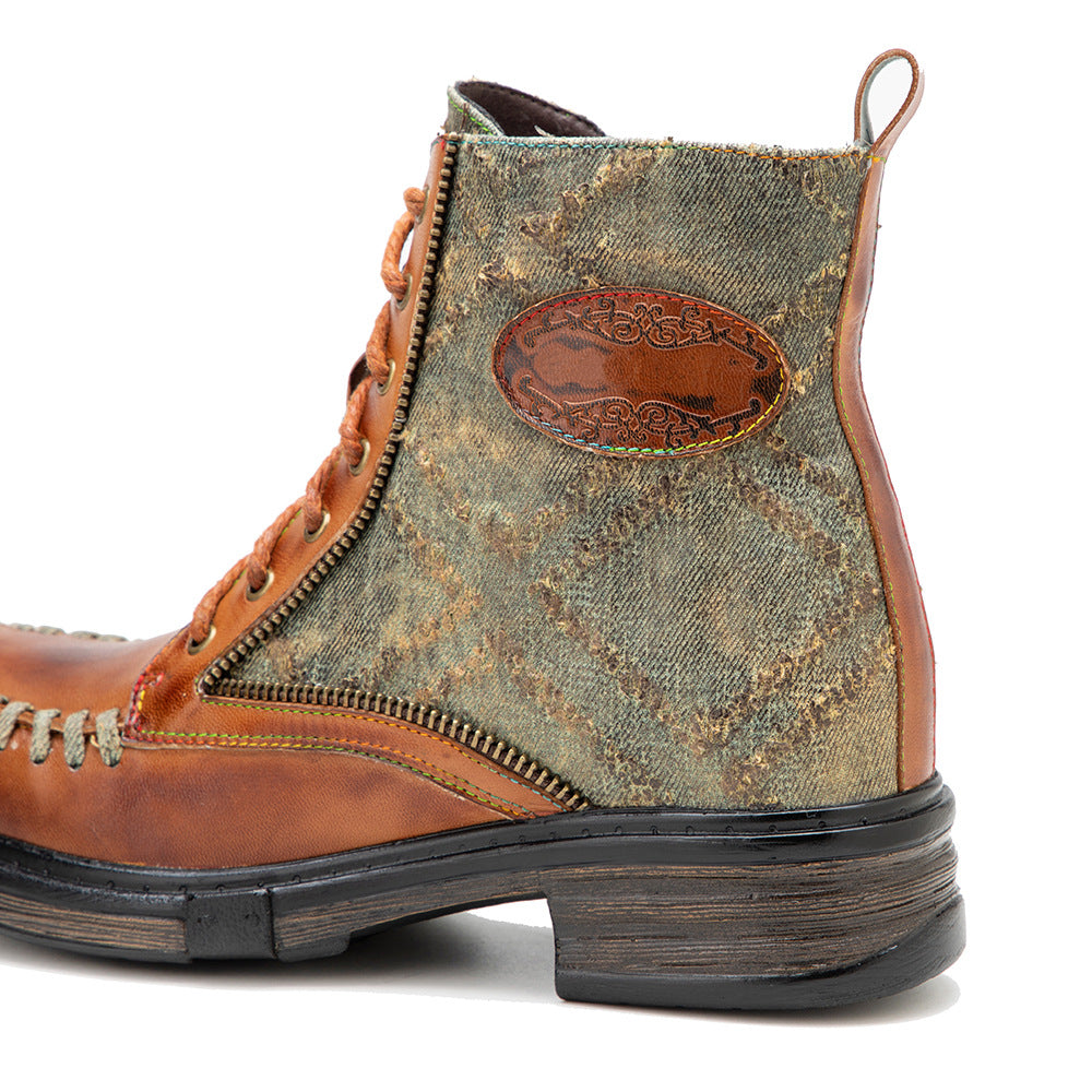 Vintage leather western cowboy & lace up mid-heel criss cross boots