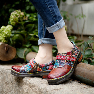 Vintage perforated floral printed flat buckle loafer shoes for ladies