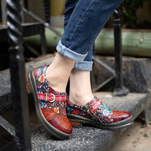 Vintage perforated floral printed flat buckle loafer shoes for ladies