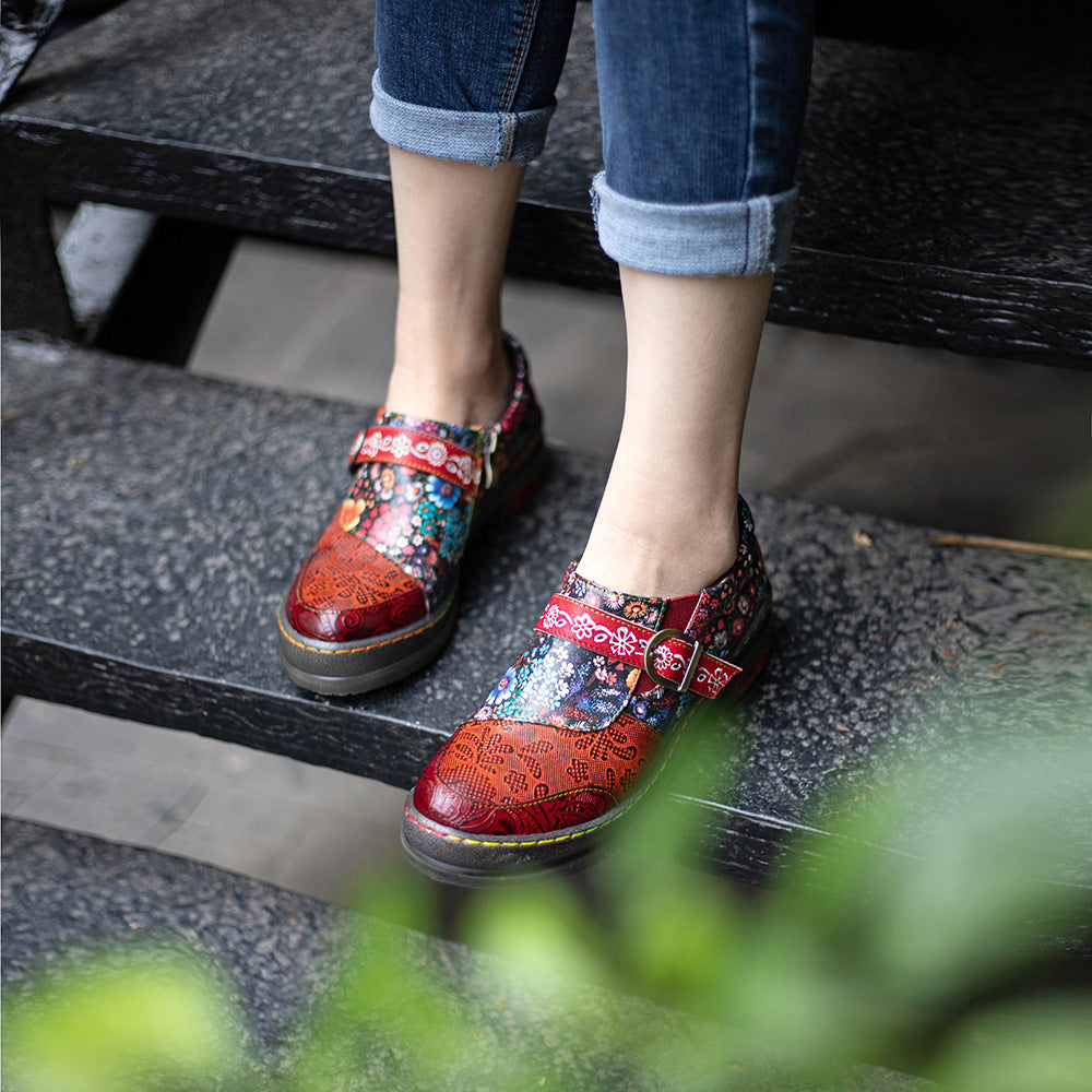 Vintage perforated floral printed flat buckle loafer shoes for ladies