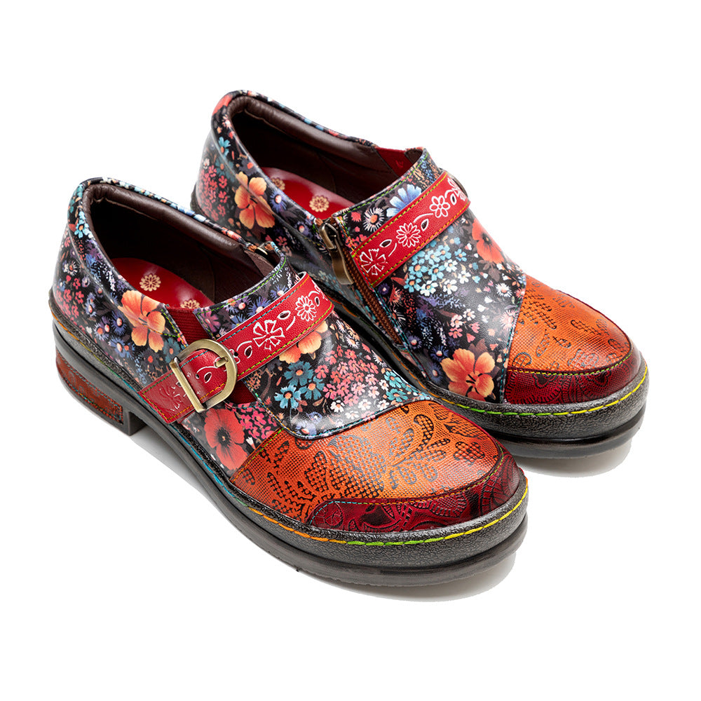 Vintage perforated floral printed flat buckle loafer shoes for ladies