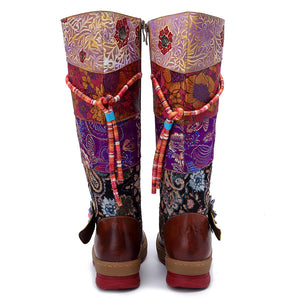 Mongolian outdoor leather vintage flat round toe knee high boots for ladies