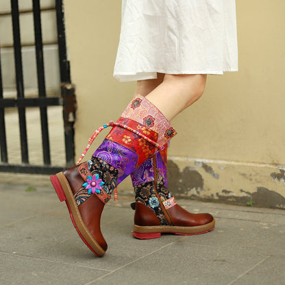 Mongolian outdoor leather vintage flat round toe knee high boots for ladies