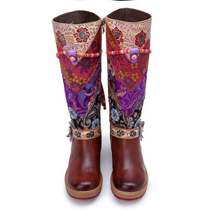 Mongolian outdoor leather vintage flat round toe knee high boots for ladies