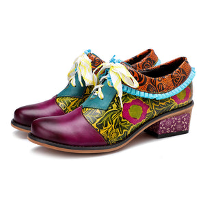 Women's vintage lace up leather brogues shoes & flats with flower printed