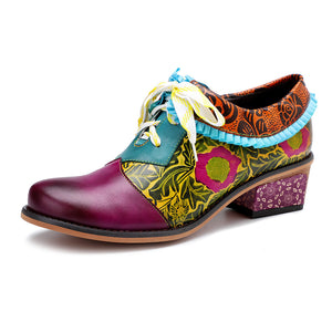 Women's vintage lace up leather brogues shoes & flats with flower printed