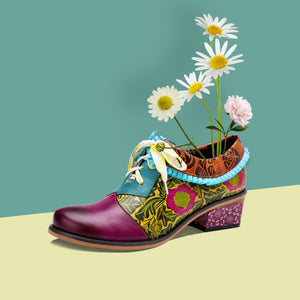 Women's vintage lace up leather brogues shoes & flats with flower printed