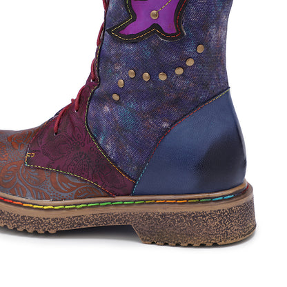 Dark blue leather western cowgirl flat bottomed lace up ethnic long boots