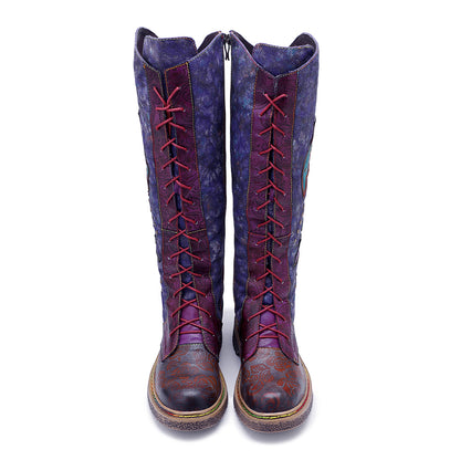 Dark blue leather western cowgirl flat bottomed lace up ethnic long boots