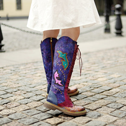 Dark blue leather western cowgirl flat bottomed lace up ethnic long boots