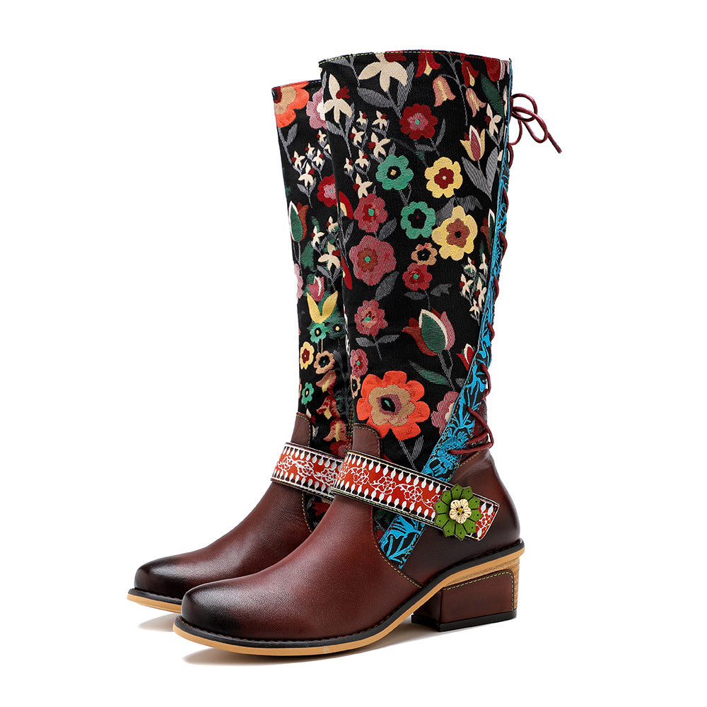 Lady's floral buckle knee high boots & leather long riding shoes with zipper