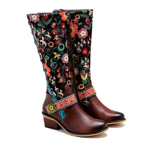 Lady's floral buckle knee high boots & leather long riding shoes with zipper