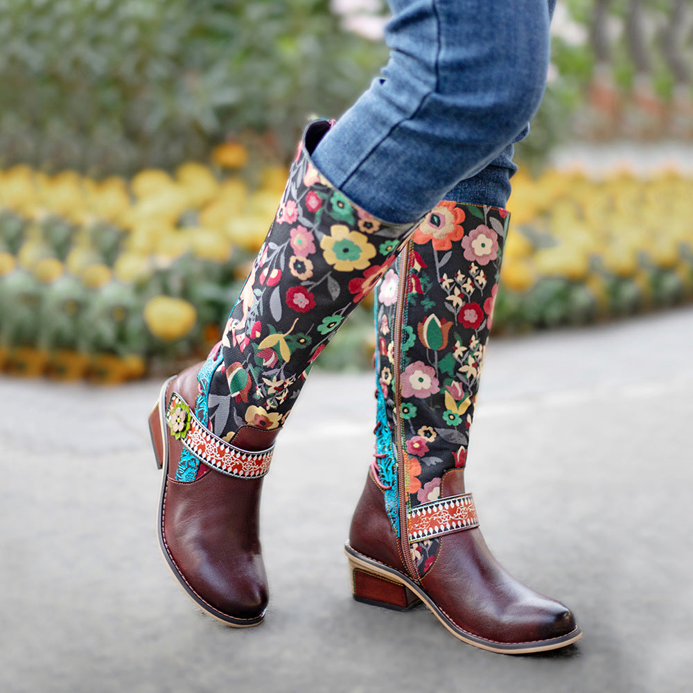 Lady's floral buckle knee high boots & leather long riding shoes with zipper