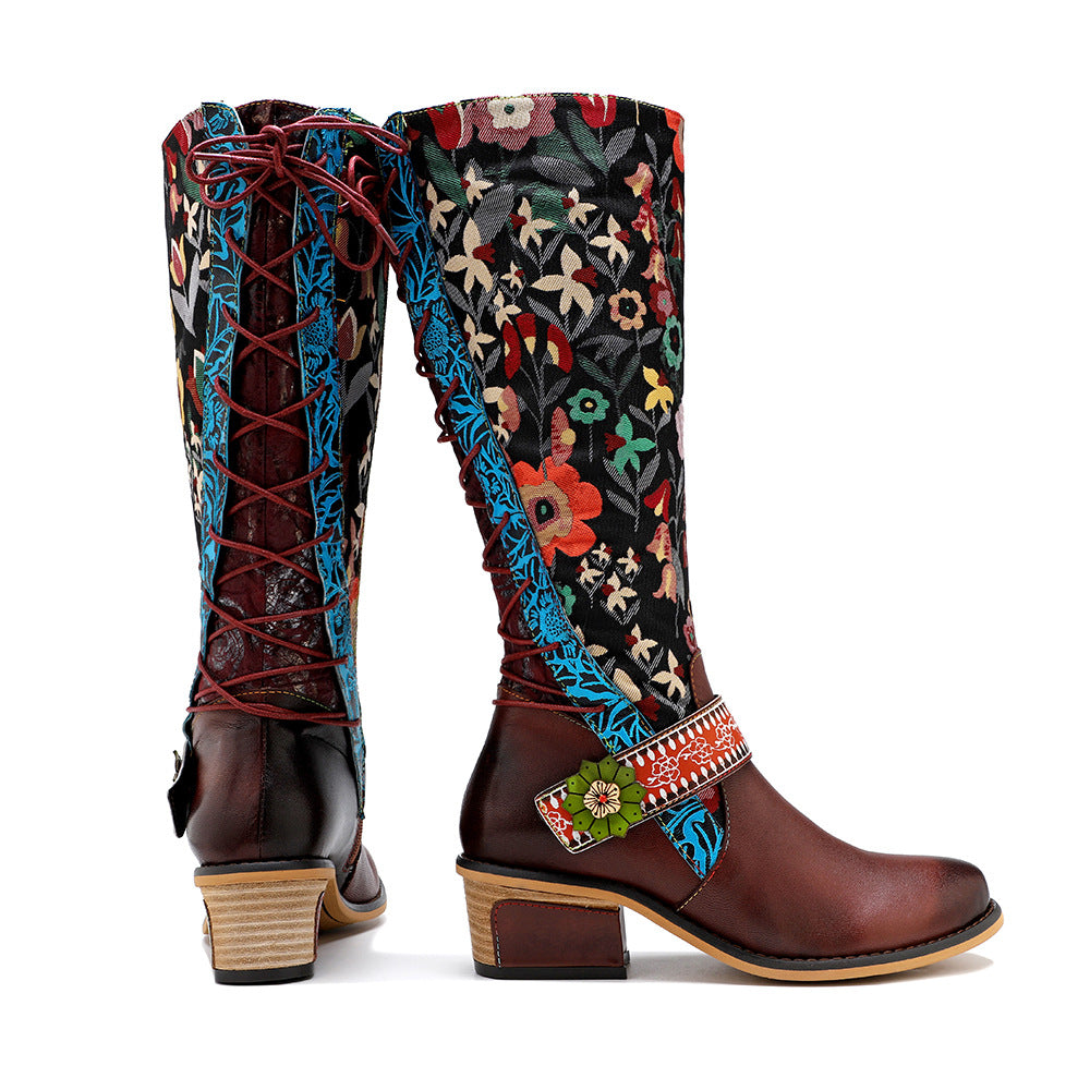 Lady's floral buckle knee high boots & leather long riding shoes with zipper