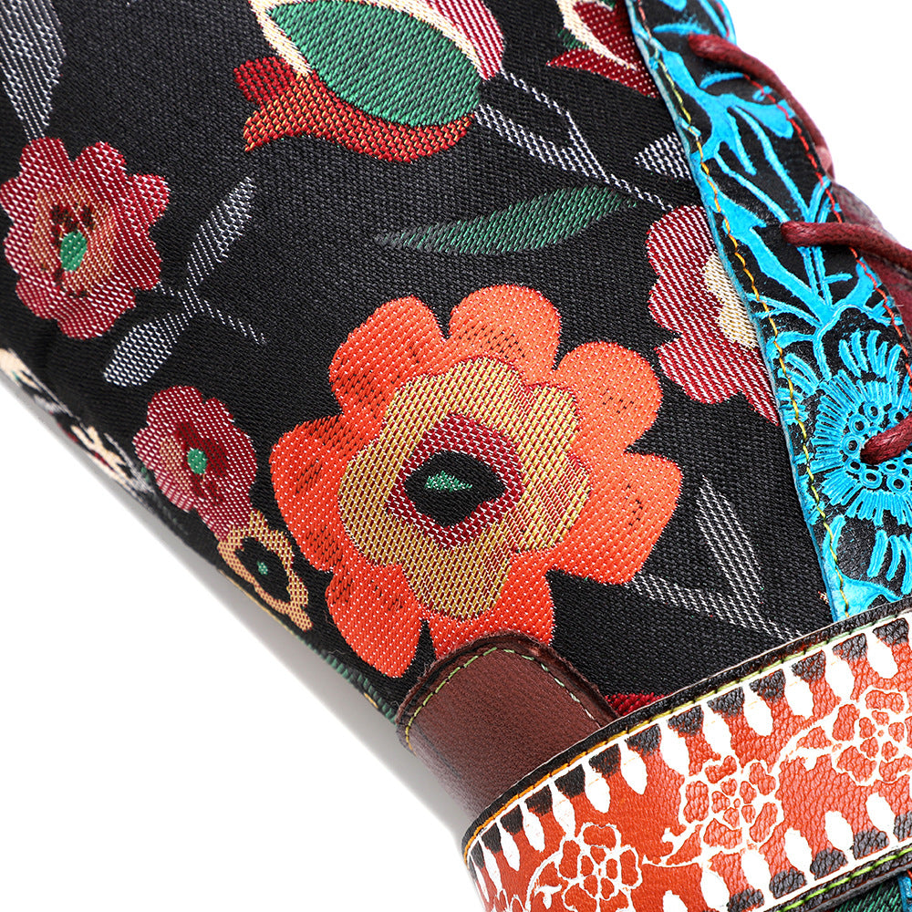 Lady's floral buckle knee high boots & leather long riding shoes with zipper