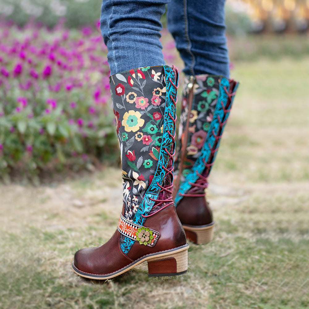 Lady's floral buckle knee high boots & leather long riding shoes with zipper