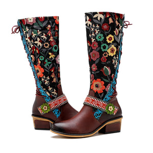 Lady's floral buckle knee high boots & leather long riding shoes with zipper