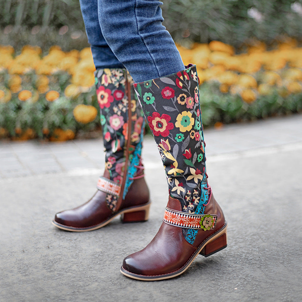 Lady's floral buckle knee high boots & leather long riding shoes with zipper