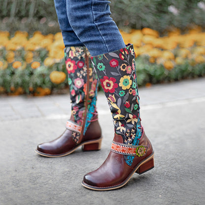 Lady's floral buckle knee high boots & leather long riding shoes with zipper