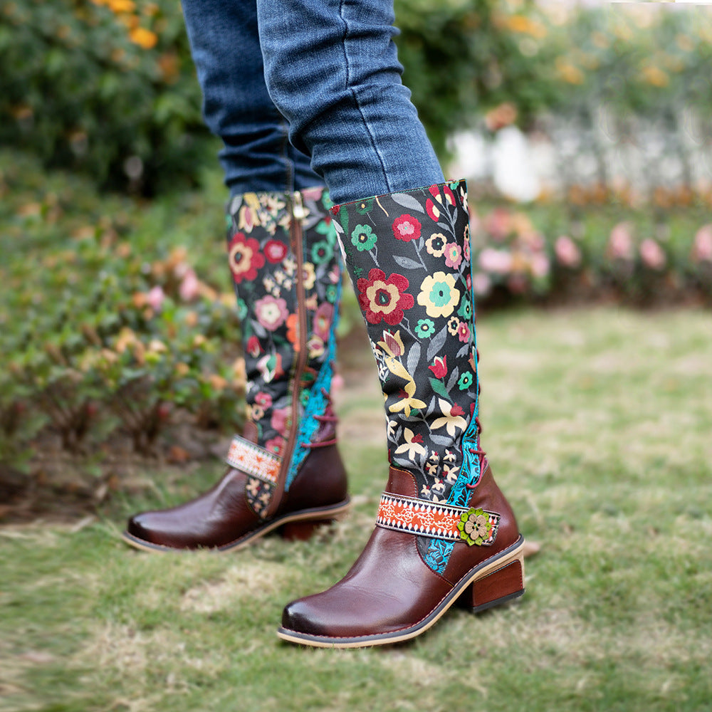 Lady's floral buckle knee high boots & leather long riding shoes with zipper