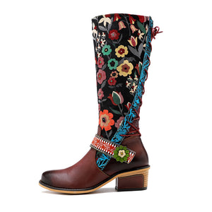 Lady's floral buckle knee high boots & leather long riding shoes with zipper