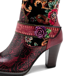 Women's red floral print cowboy boots & leather embroidery mid heel boots