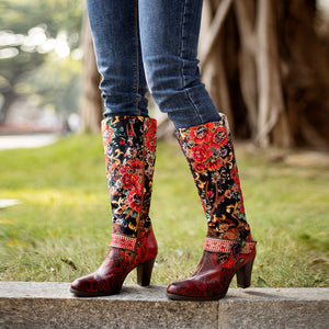 Women's red floral print cowboy boots & leather embroidery mid heel boots