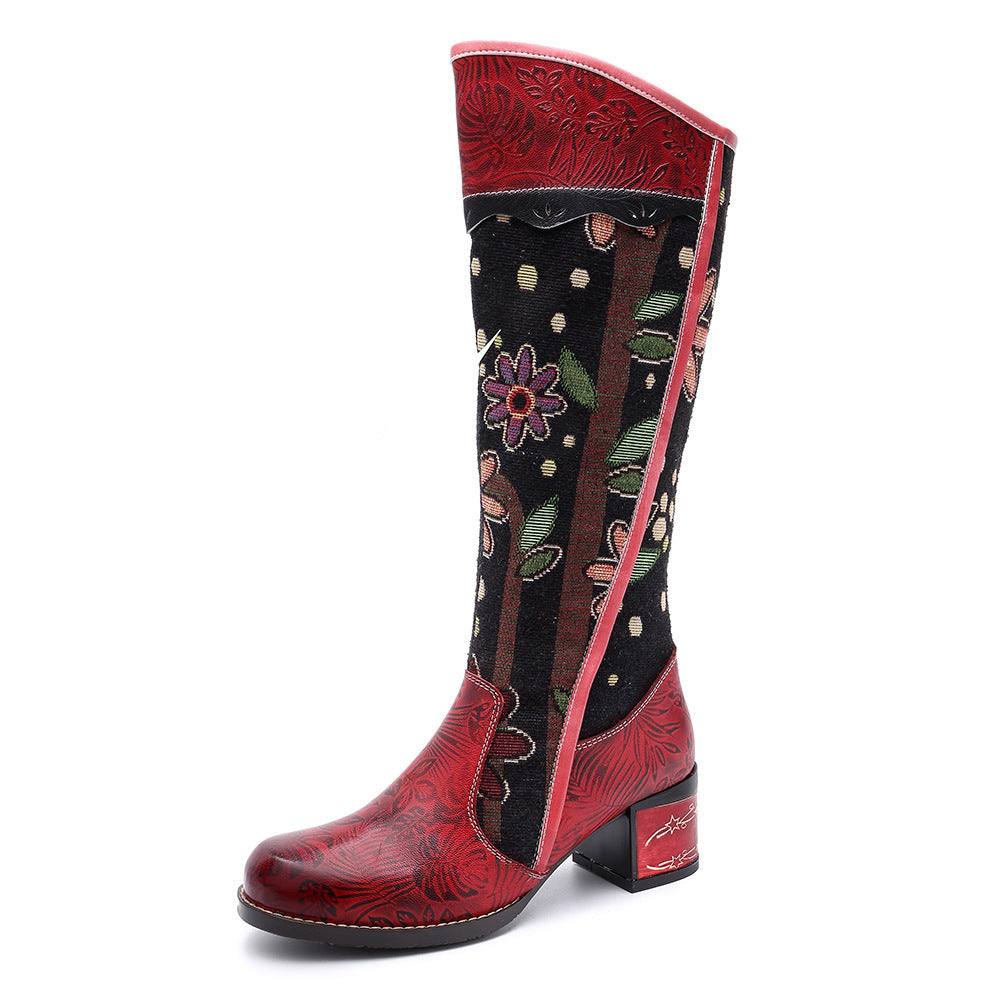 Knee high floral leather booties & vintage floral winter snow boots for women