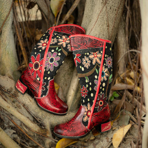 Knee high floral leather booties & vintage floral winter snow boots for women