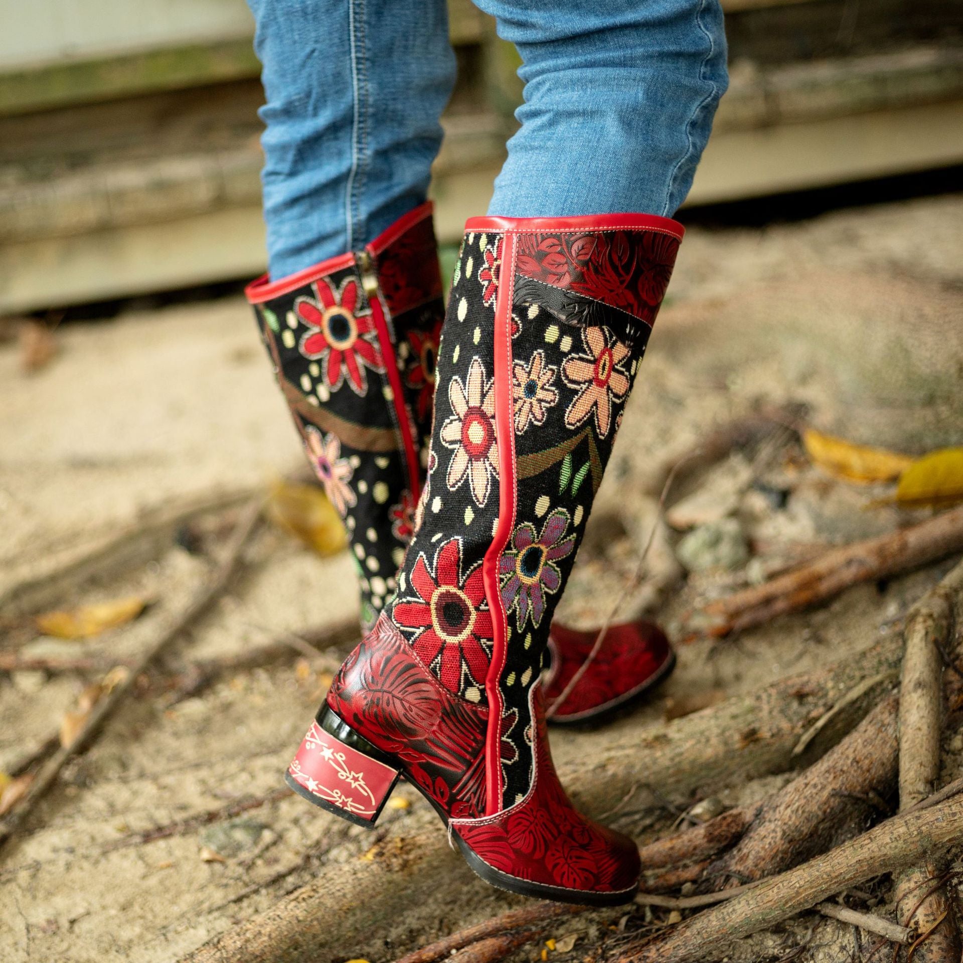 Knee high floral leather booties & vintage floral winter snow boots for women