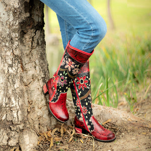 Knee high floral leather booties & vintage floral winter snow boots for women