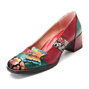 Vintage butterfly & low heel leather slip on pumps shoes for women