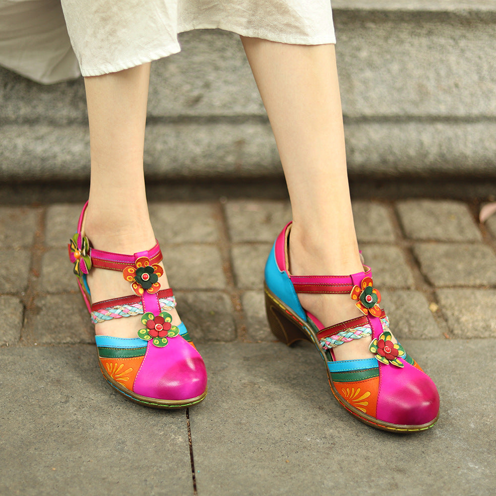 Women's vintage leather mary jane retro shoes & bohemian striped hollow sandals