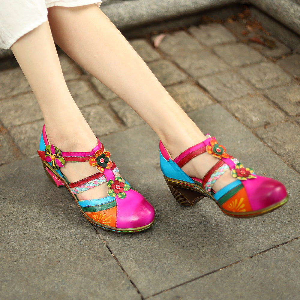 Women's vintage leather mary jane retro shoes & bohemian striped hollow sandals