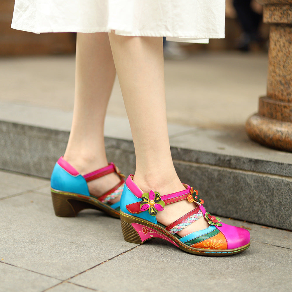 Women's vintage leather mary jane retro shoes & bohemian striped hollow sandals