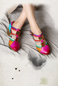 Women's vintage leather mary jane retro shoes & bohemian striped hollow sandals