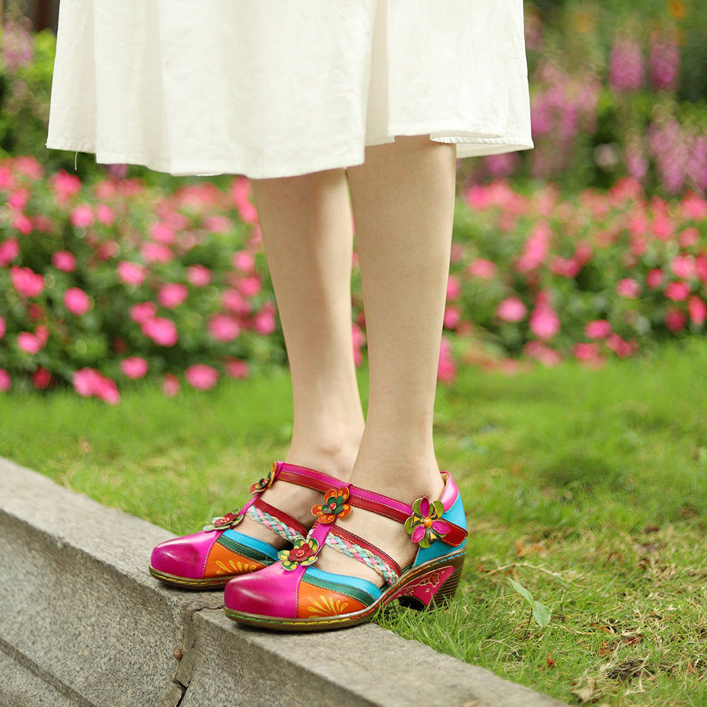 Women's vintage leather mary jane retro shoes & bohemian striped hollow sandals