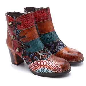 Patchwork boohoo western jacqurard vintage leather ankle boots for women