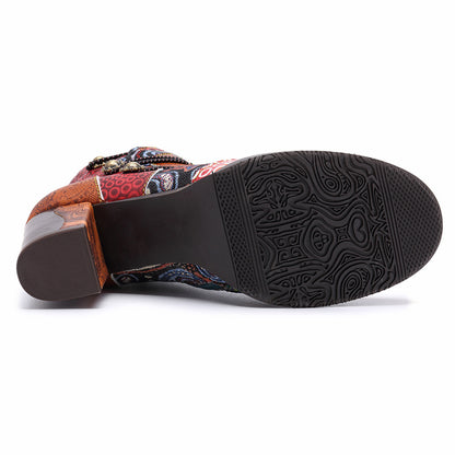 Patchwork boohoo western jacqurard vintage leather ankle boots for women