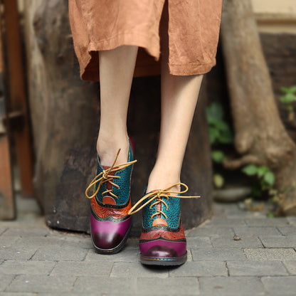 Patchwork leather vintage high heeled lace up brogues & shoes for women