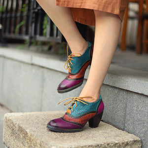 Patchwork leather vintage high heeled lace up brogues & shoes for women