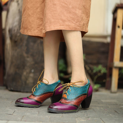 Patchwork leather vintage high heeled lace up brogues & shoes for women