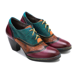 Patchwork leather vintage high heeled lace up brogues & shoes for women