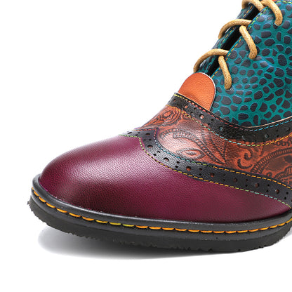 Patchwork leather vintage high heeled lace up brogues & shoes for women